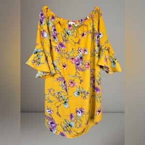 Jung Mu Ryu 3/4 Flutter Sleeve Off Shoulder Yellow/Gold Floral Dress Large